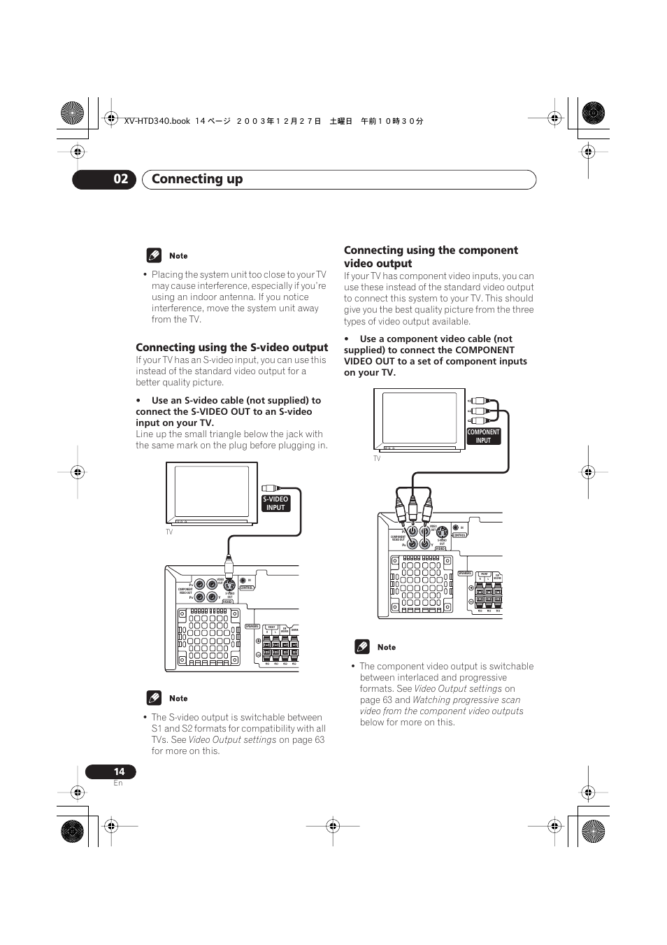 Connecting up 02, Connecting using the s-video output, Connecting using the component video output | Video output settings, On page 63 for more on this, On page 63 and, Below for more on this | Pioneer XV-HTD340 User Manual | Page 14 / 84