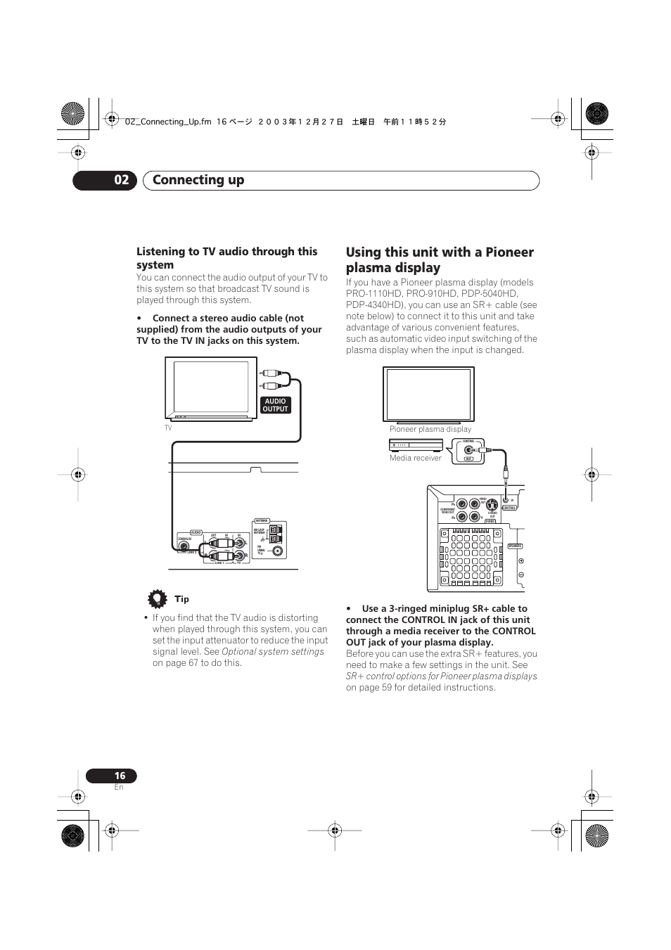 Connecting up 02, Using this unit with a pioneer plasma display, Listening to tv audio through this system | Pioneer XV-HTD340 User Manual | Page 16 / 84