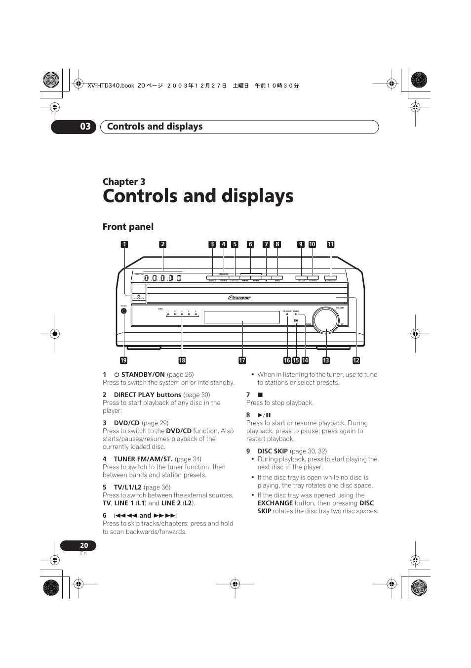 Controls and displays, Controls and displays 03, Chapter 3 | Front panel | Pioneer XV-HTD340 User Manual | Page 20 / 84