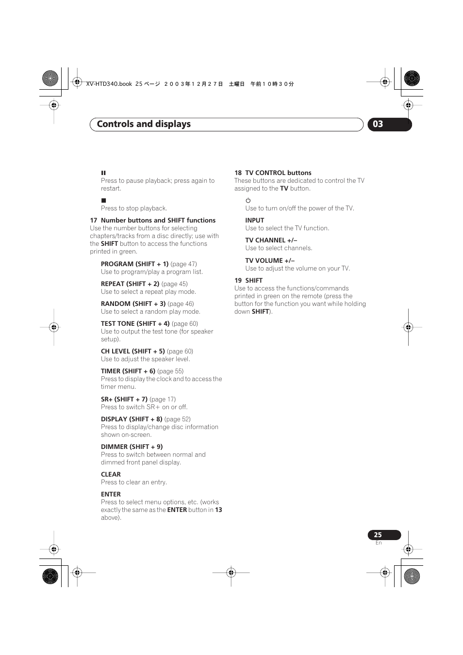 Controls and displays 03 | Pioneer XV-HTD340 User Manual | Page 25 / 84