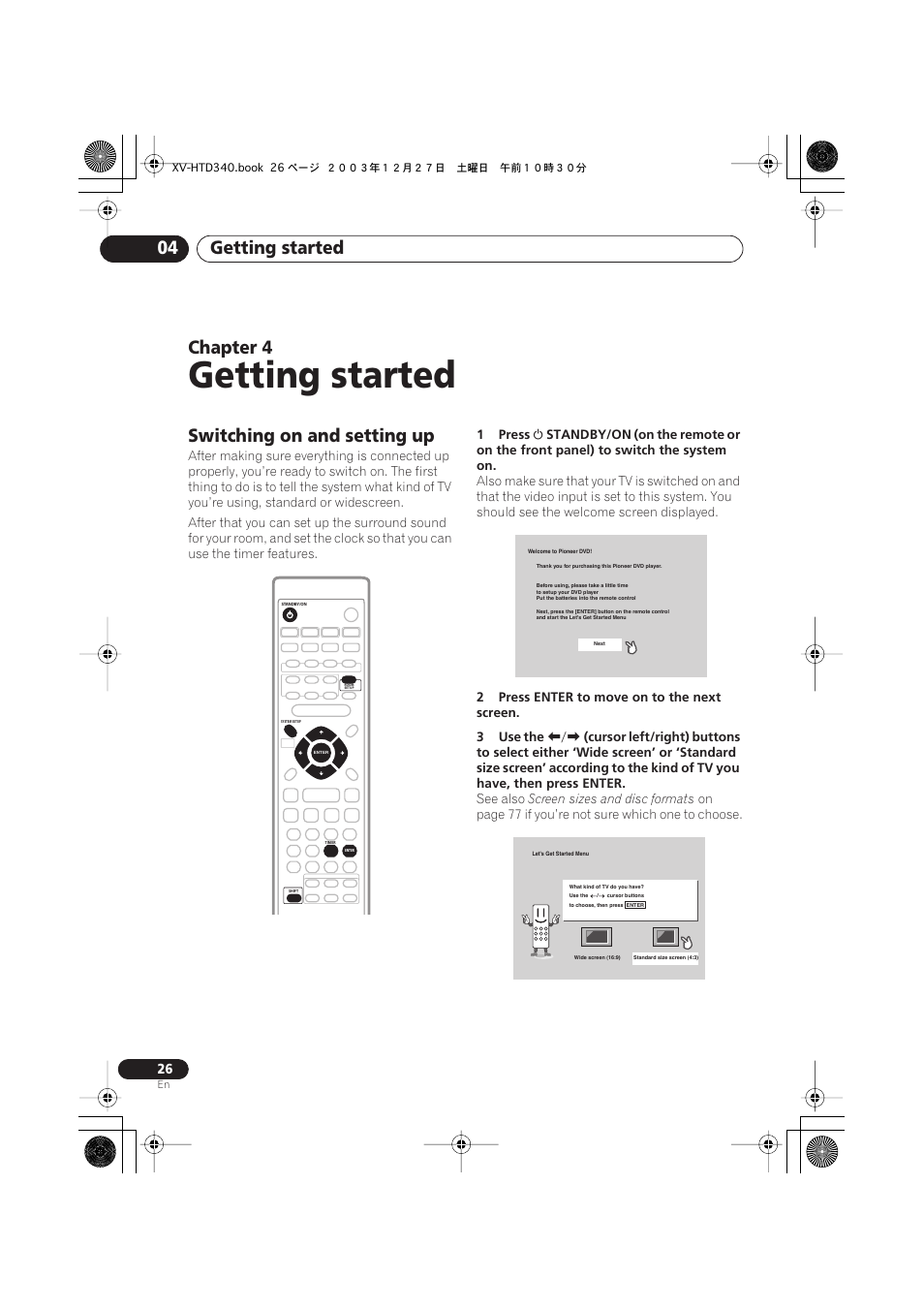 Getting started, Getting started 04, Chapter 4 | Switching on and setting up | Pioneer XV-HTD340 User Manual | Page 26 / 84