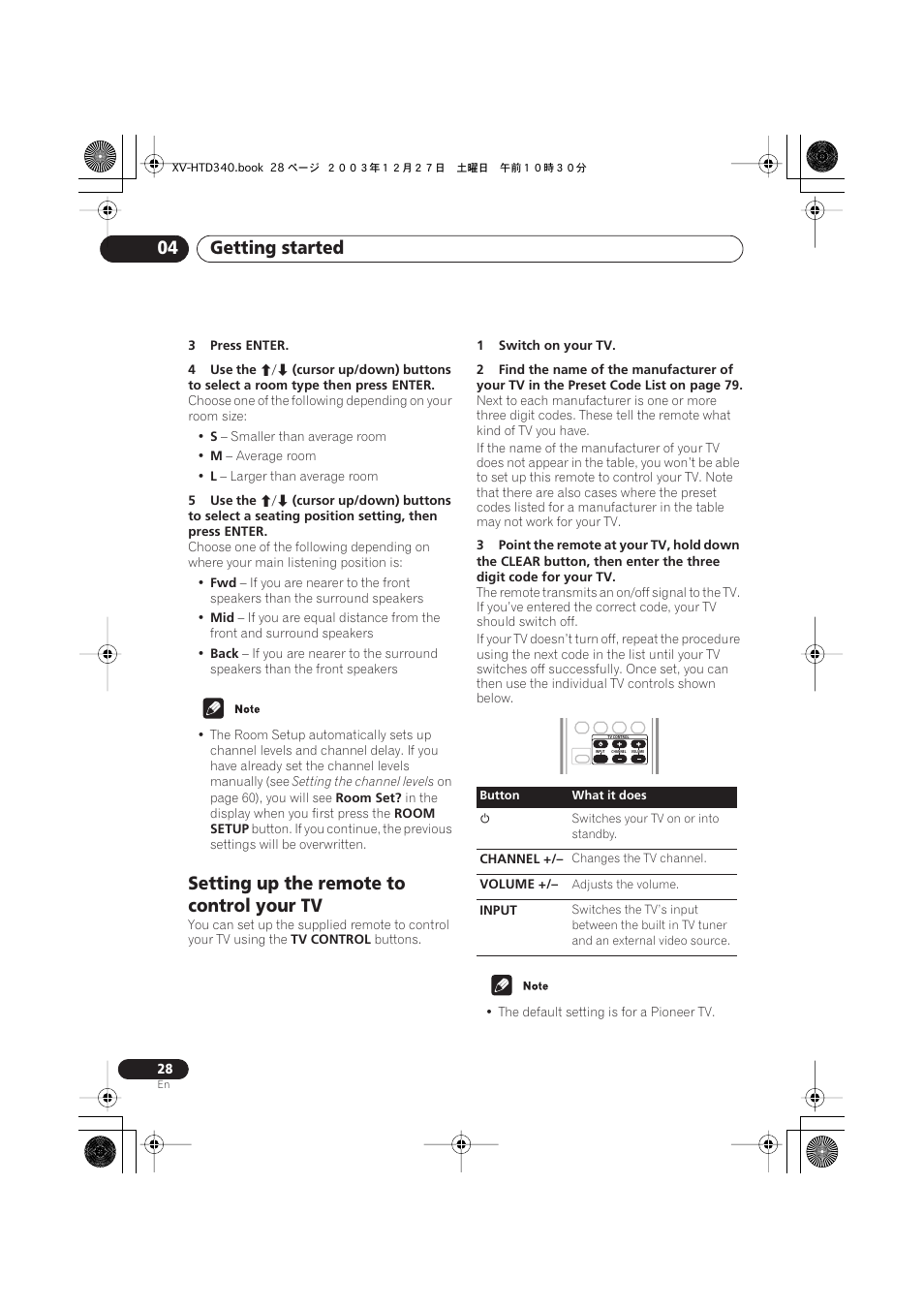 Getting started 04, Setting up the remote to control your tv | Pioneer XV-HTD340 User Manual | Page 28 / 84