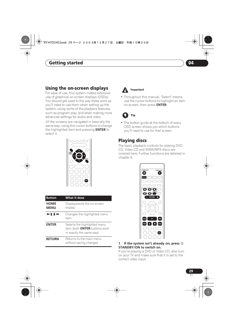 Getting started 04, Using the on-screen displays, Playing discs | Pioneer XV-HTD340 User Manual | Page 29 / 84