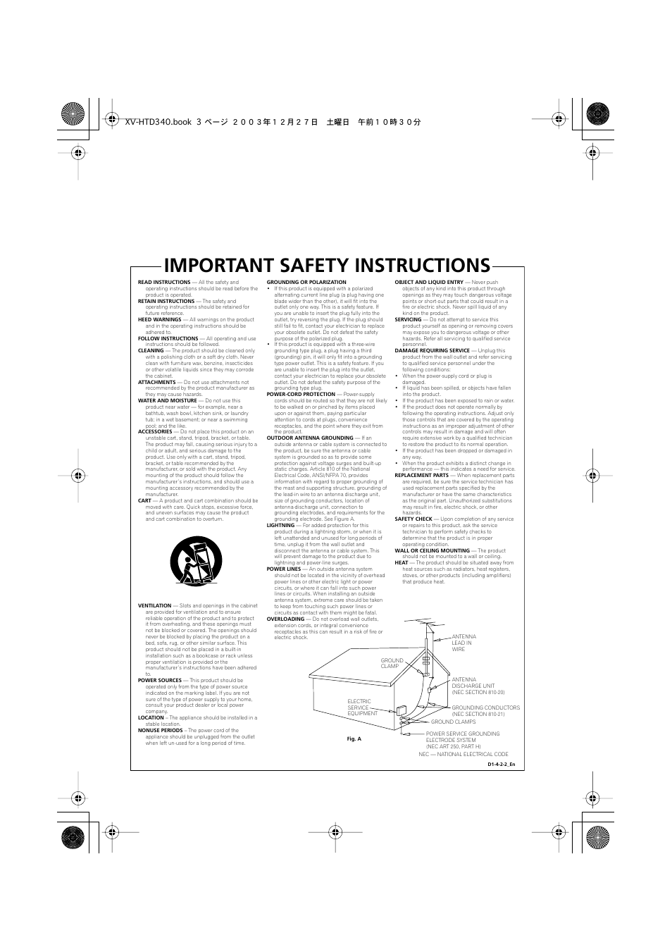 Important safety instructions, Xv-htd340.book 3 ページ ２００３年１２月２７日 土曜日 午前１０時３０分 | Pioneer XV-HTD340 User Manual | Page 3 / 84