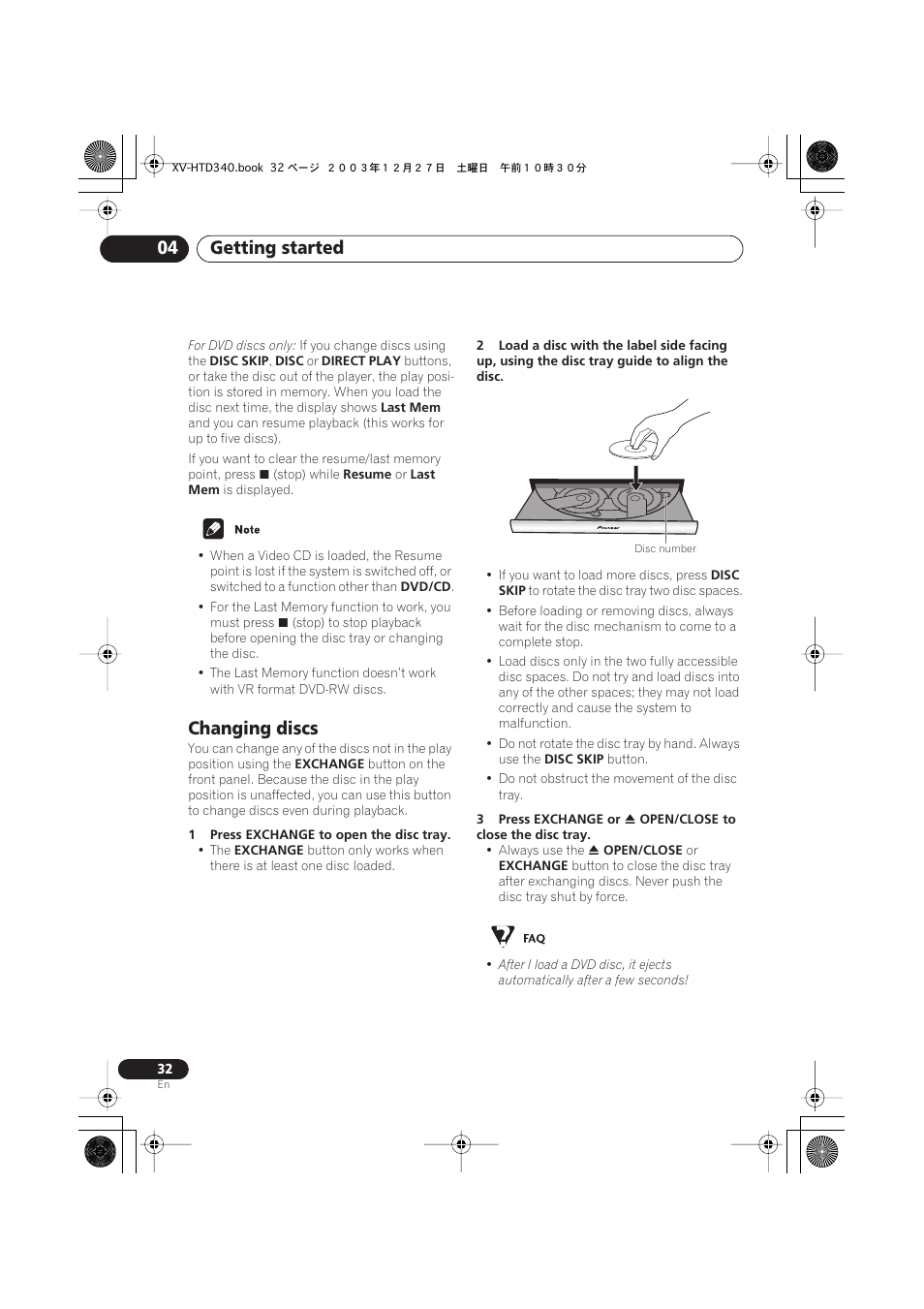 Getting started 04, Changing discs | Pioneer XV-HTD340 User Manual | Page 32 / 84