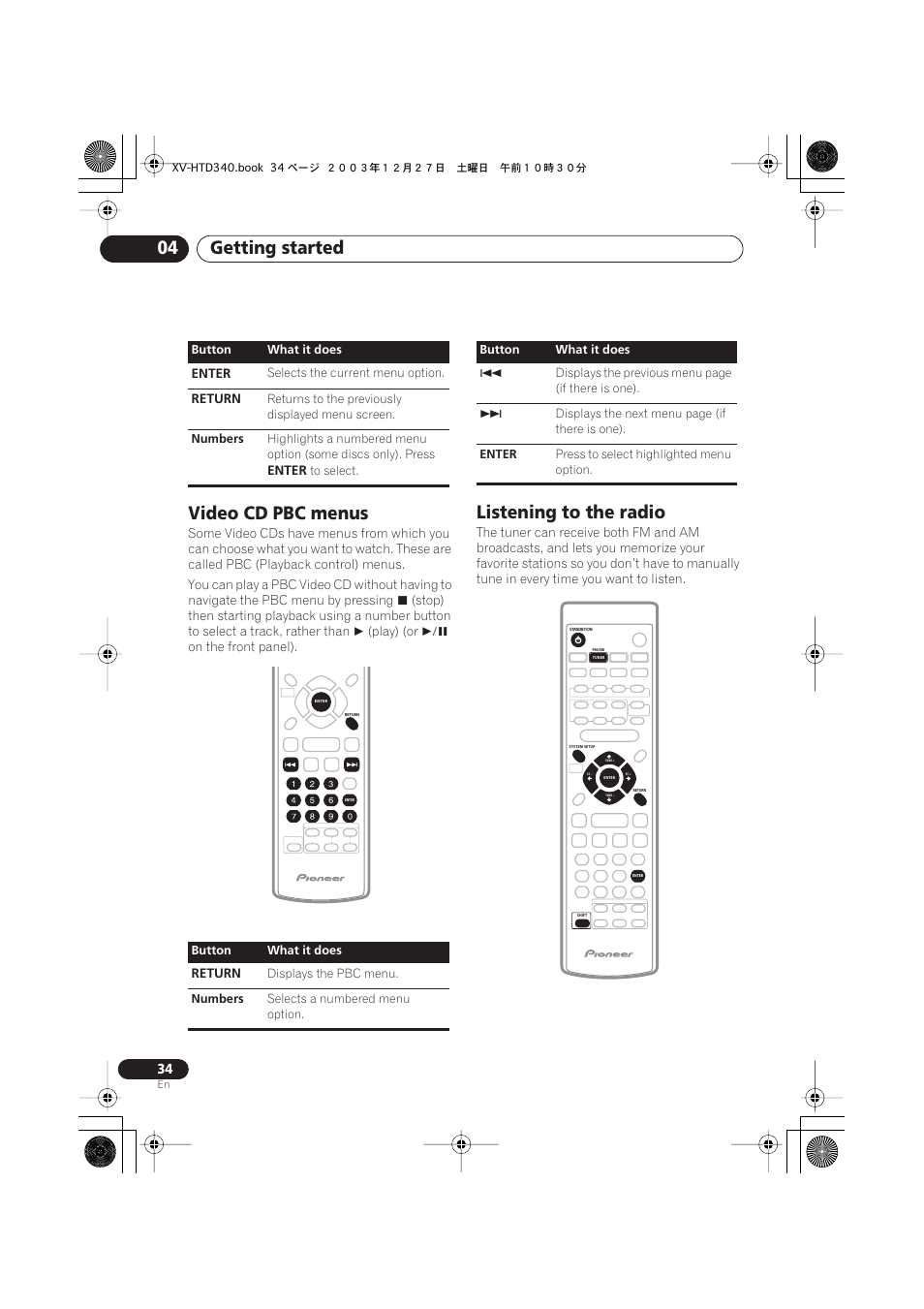 Getting started 04, Video cd pbc menus, Listening to the radio | Pioneer XV-HTD340 User Manual | Page 34 / 84