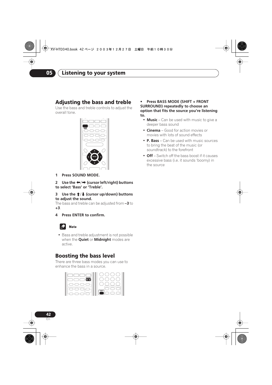 Listening to your system 05, Adjusting the bass and treble, Boosting the bass level | Pioneer XV-HTD340 User Manual | Page 42 / 84