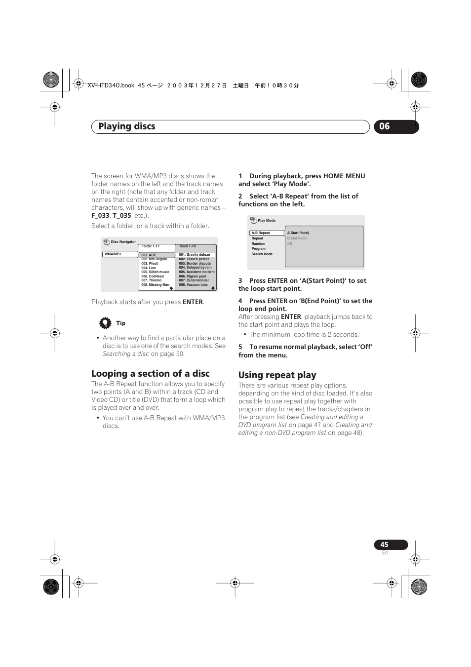 Looping a section of a disc, Using repeat play, Playing discs 06 | Pioneer XV-HTD340 User Manual | Page 45 / 84