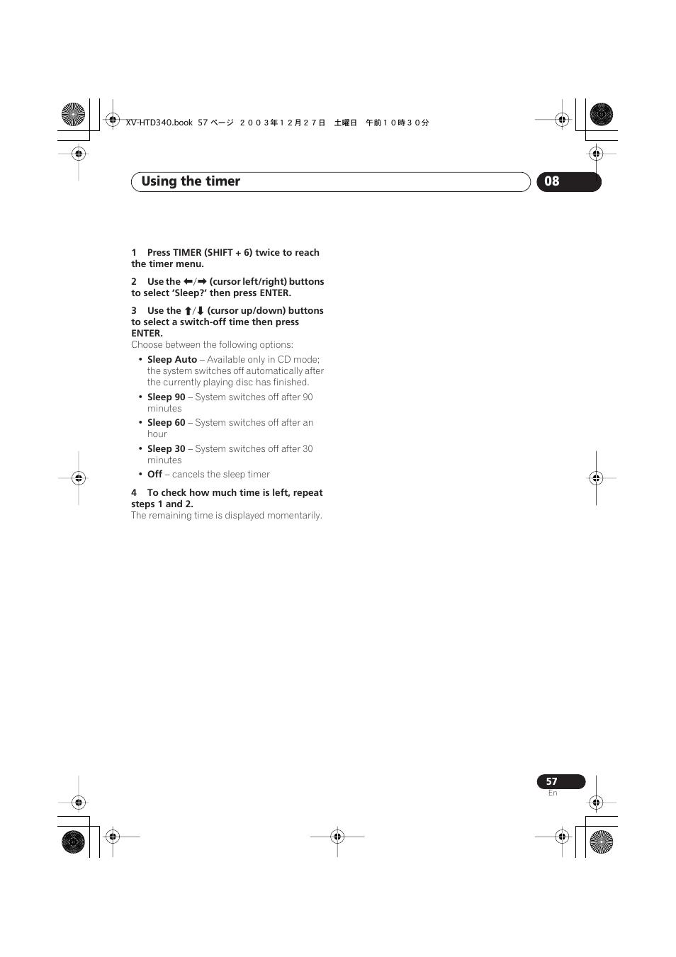 Using the timer 08 | Pioneer XV-HTD340 User Manual | Page 57 / 84