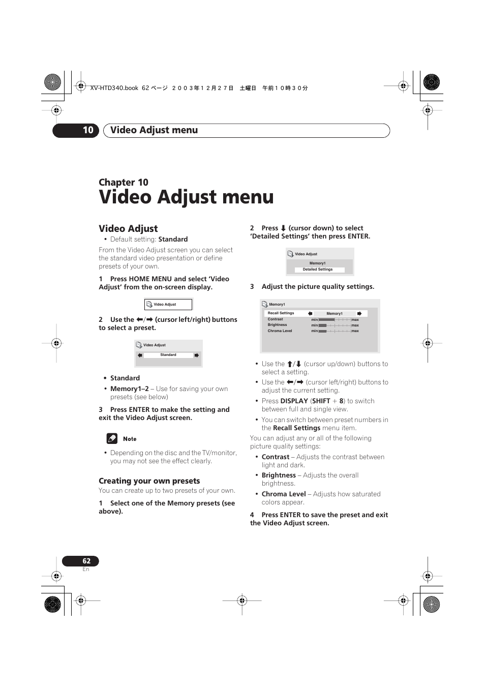 10 video adjust menu, Video adjust, Creating your own presets | Video adjust menu, Video adjust menu 10, Chapter 10 | Pioneer XV-HTD340 User Manual | Page 62 / 84