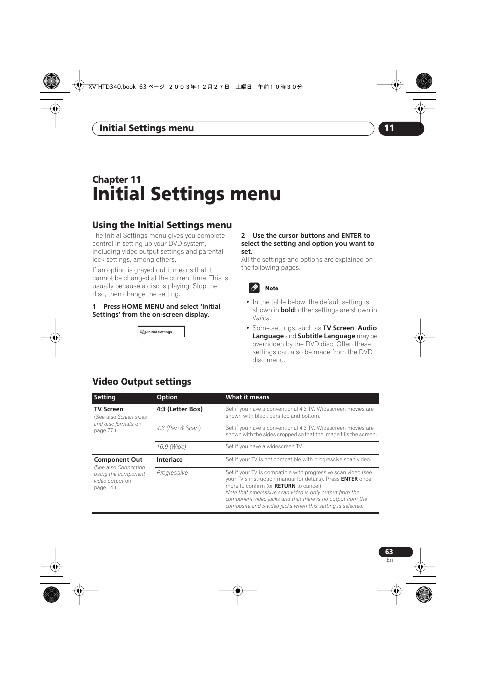 11 initial settings menu, Using the initial settings menu, Video output settings | Initial settings menu, Initial settings menu 11, Chapter 11 | Pioneer XV-HTD340 User Manual | Page 63 / 84