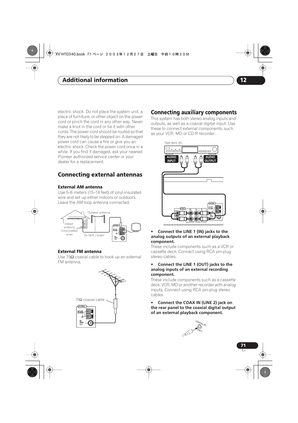 Connecting external antennas, Connecting auxiliary components, Additional information 12 | Pioneer XV-HTD340 User Manual | Page 71 / 84