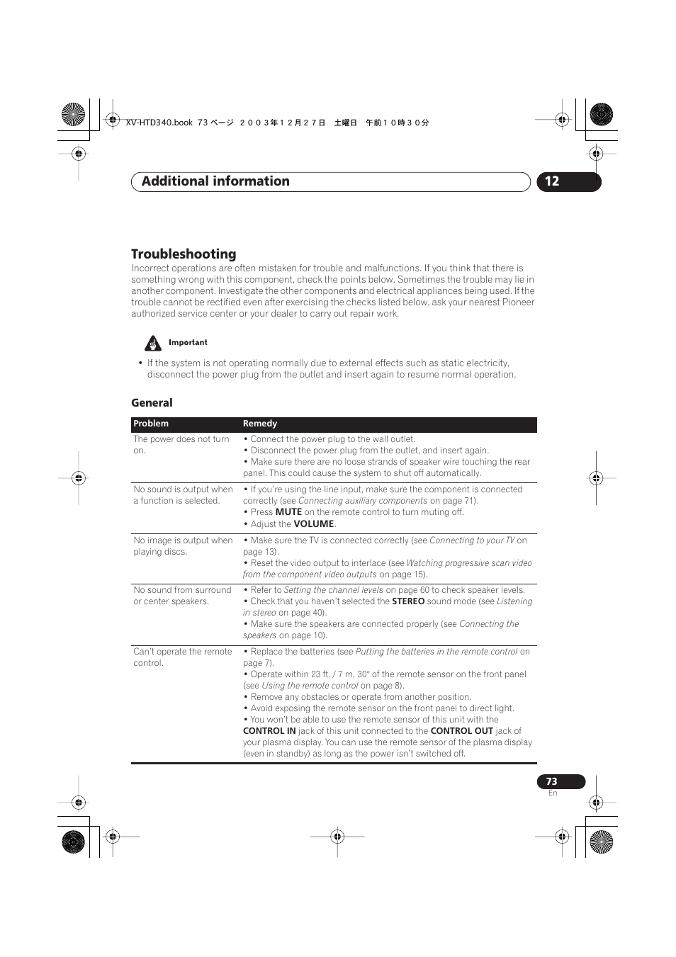 Troubleshooting, General, Additional information 12 | Pioneer XV-HTD340 User Manual | Page 73 / 84