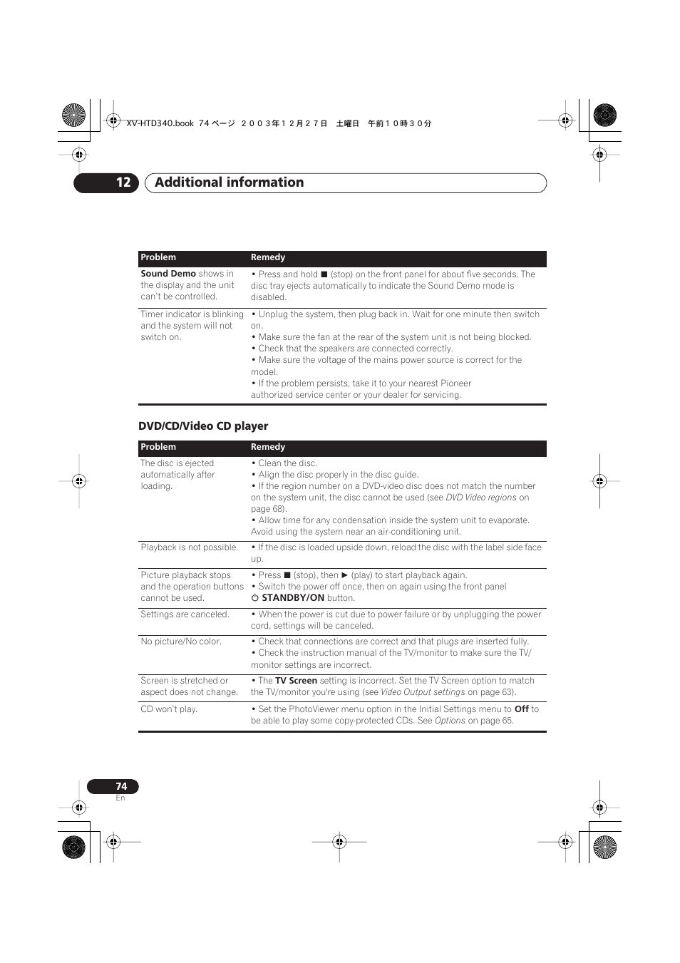 Dvd/cd/video cd player, Additional information 12 | Pioneer XV-HTD340 User Manual | Page 74 / 84