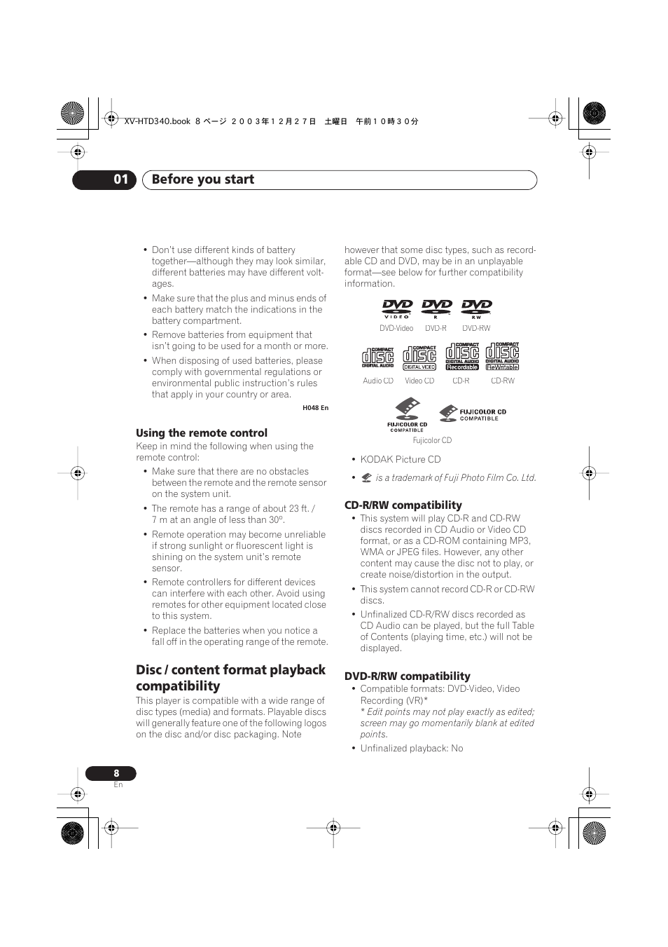 Before you start 01, Disc / content format playback compatibility | Pioneer XV-HTD340 User Manual | Page 8 / 84