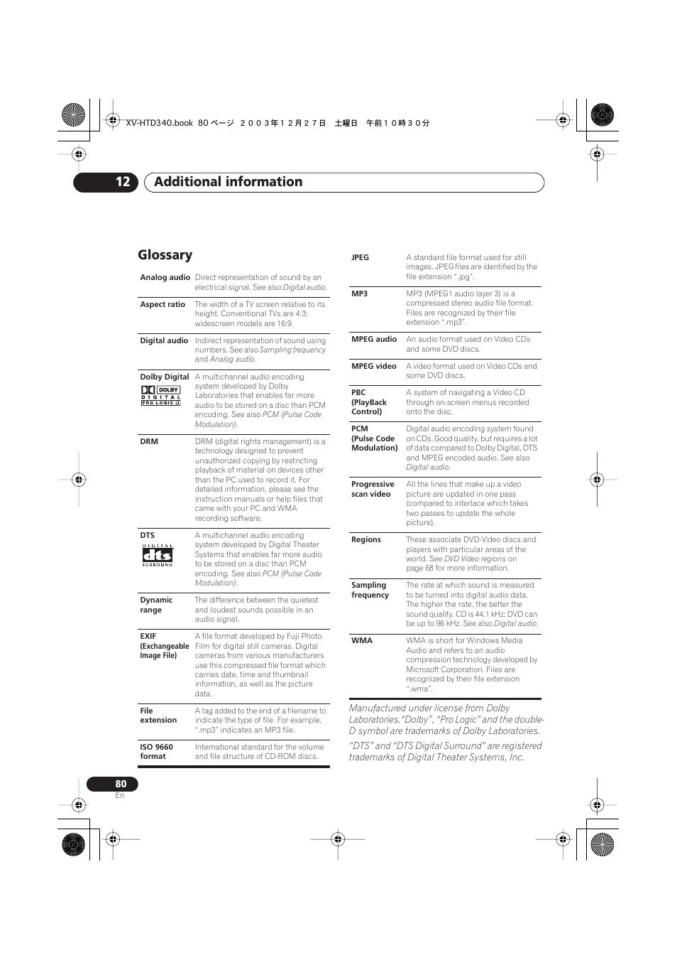 Glossary, Additional information 12 | Pioneer XV-HTD340 User Manual | Page 80 / 84