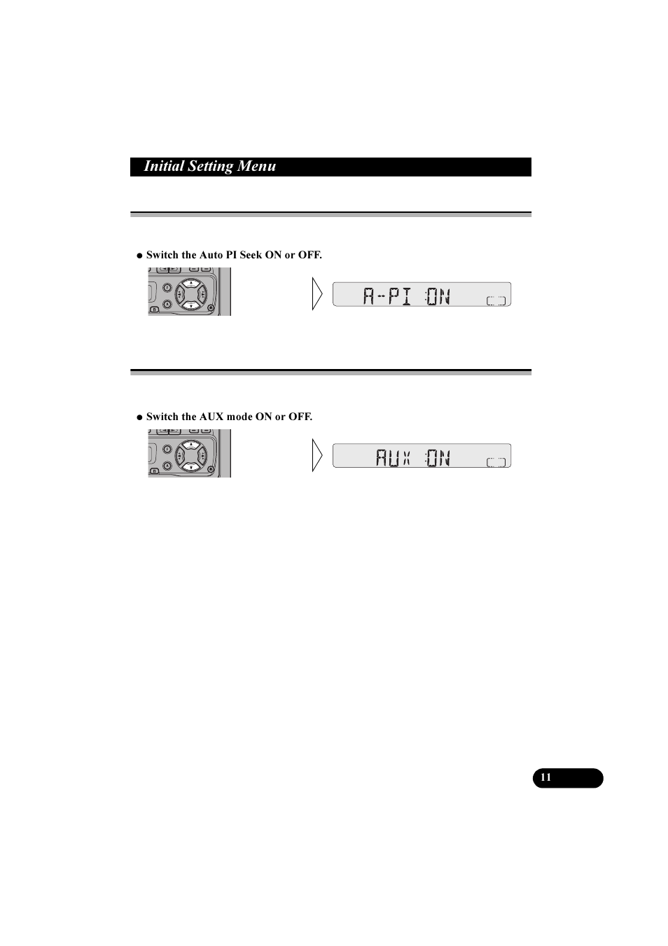 Qlwldo 6hwwlqj 0hqx, Switching the auto pi seek, Switching the aux mode | Pioneer KEH-P2800R User Manual | Page 11 / 48