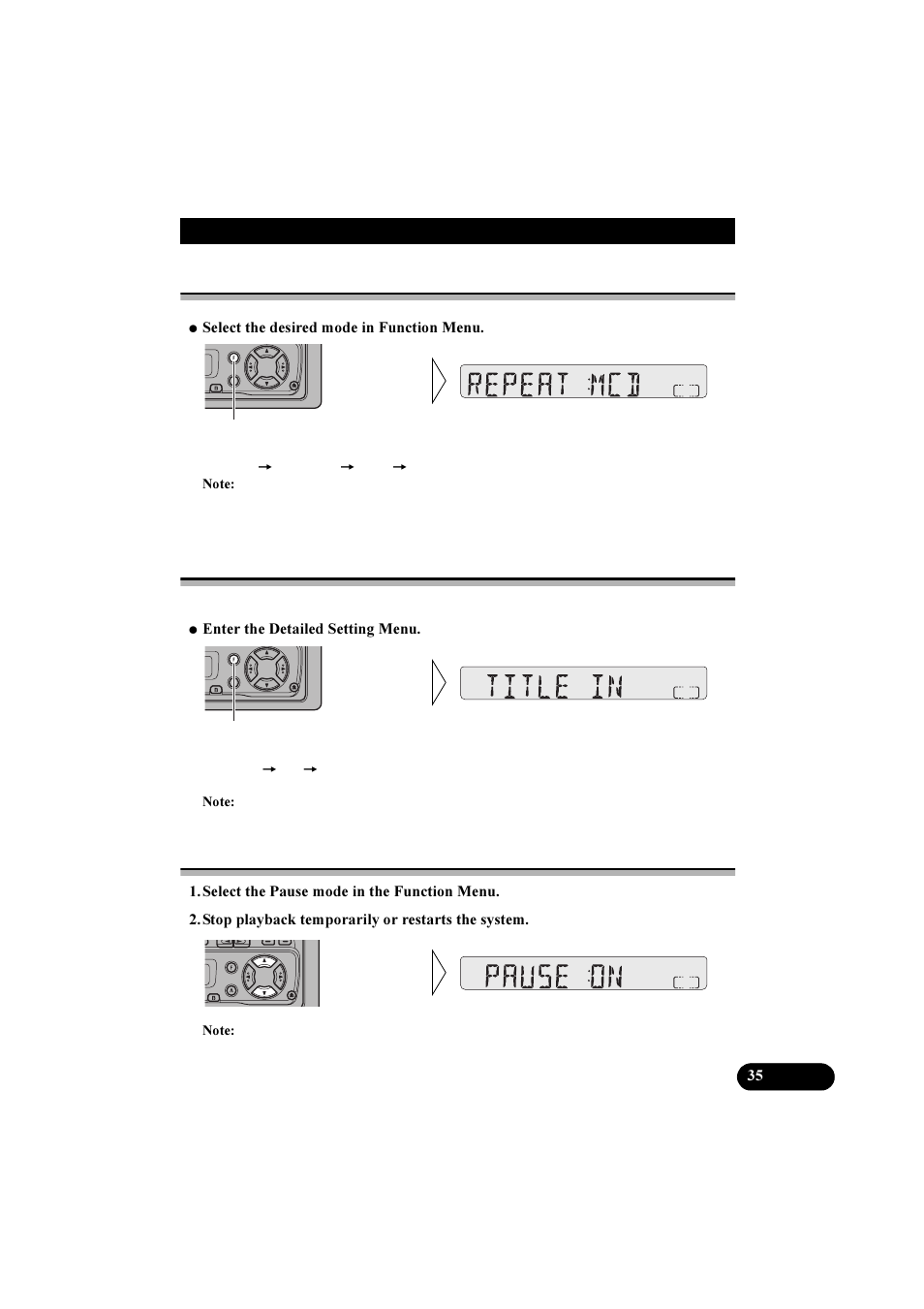 Entering the function menu, Entering the detailed setting menu, Pause | Pioneer KEH-P2800R User Manual | Page 35 / 48