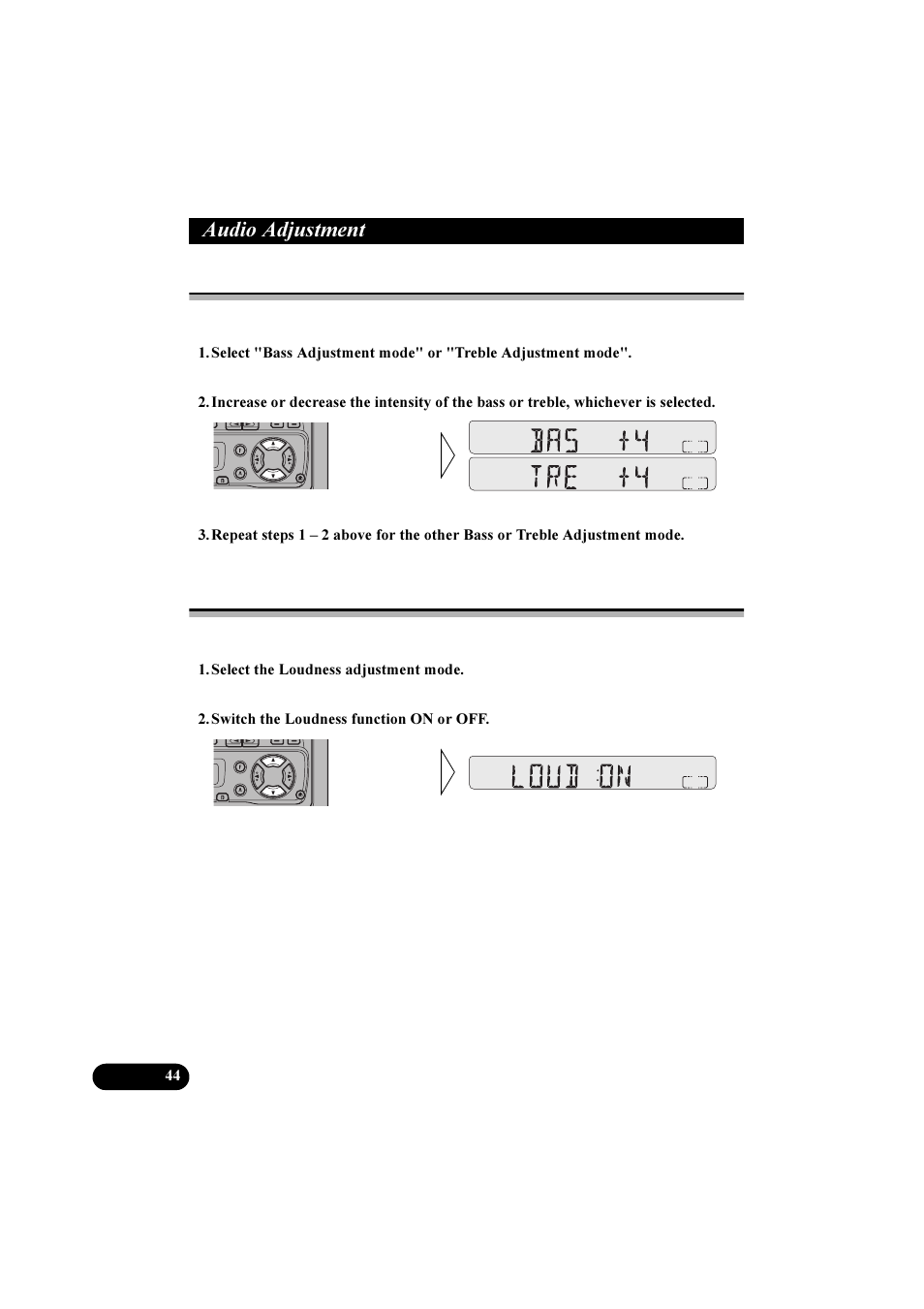 Xglr $gmxvwphqw, Bass/treble adjustment, Loudness adjustment (loud) | Pioneer KEH-P2800R User Manual | Page 44 / 48