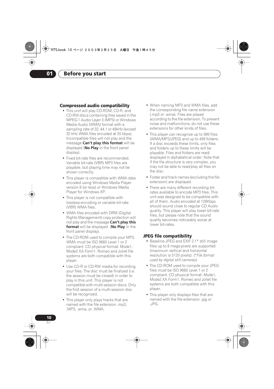 Compressed audio compatibility, Jpeg file compatibility, Before you start 01 | Pioneer S-DV313 User Manual | Page 10 / 92
