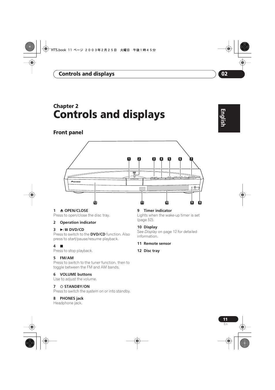 Front panel, Controls and displays, English italiano français | Nederlands, Español deutsch, Controls and displays 02, Chapter 2 | Pioneer S-DV313 User Manual | Page 11 / 92