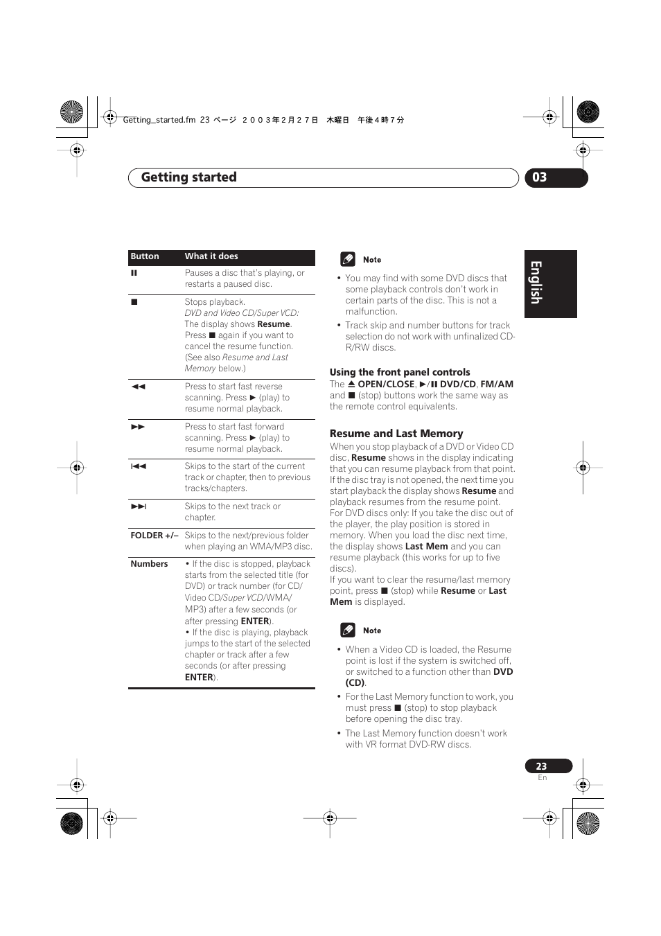 Resume and last memory, Getting started 03 | Pioneer S-DV313 User Manual | Page 23 / 92