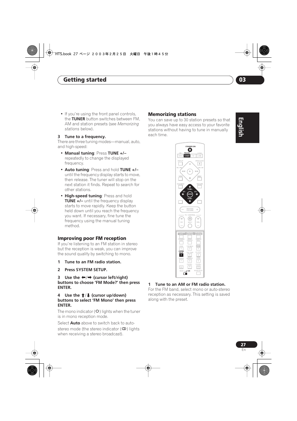 Improving poor fm reception, Memorizing stations, English italiano français | Nederlands, Español deutsch, Getting started 03 | Pioneer S-DV313 User Manual | Page 27 / 92