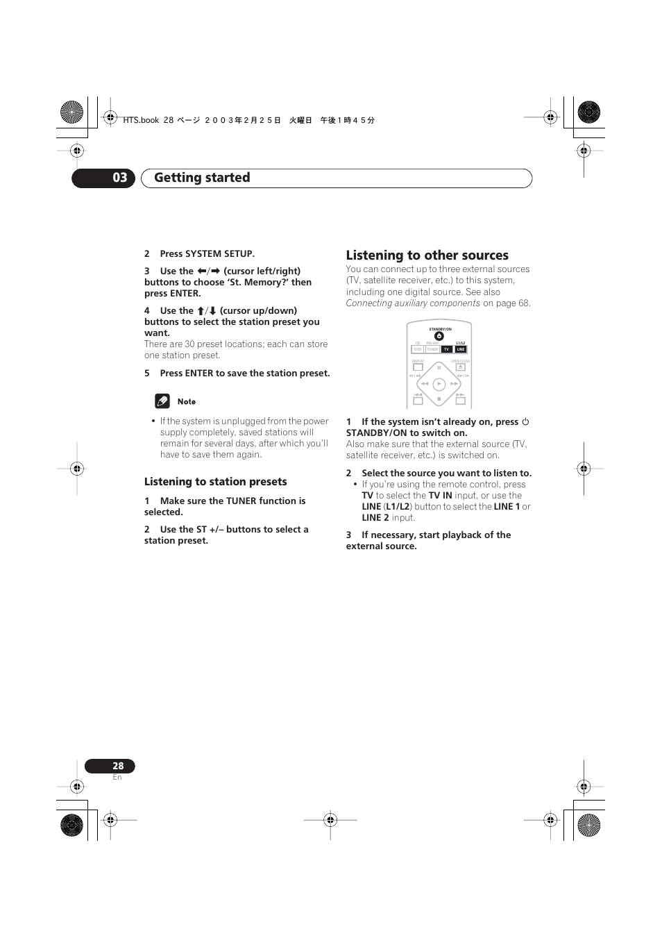 Listening to station presets, Listening to other sources, Getting started 03 | Pioneer S-DV313 User Manual | Page 28 / 92