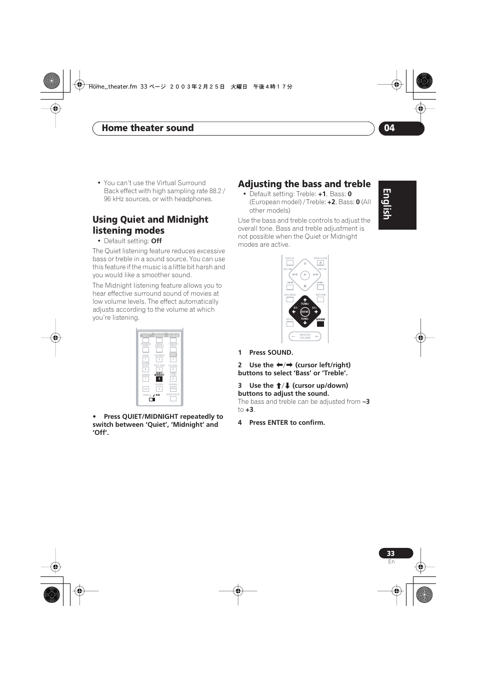 Using quiet and midnight listening modes, Adjusting the bass and treble, Home theater sound 04 | Pioneer S-DV313 User Manual | Page 33 / 92