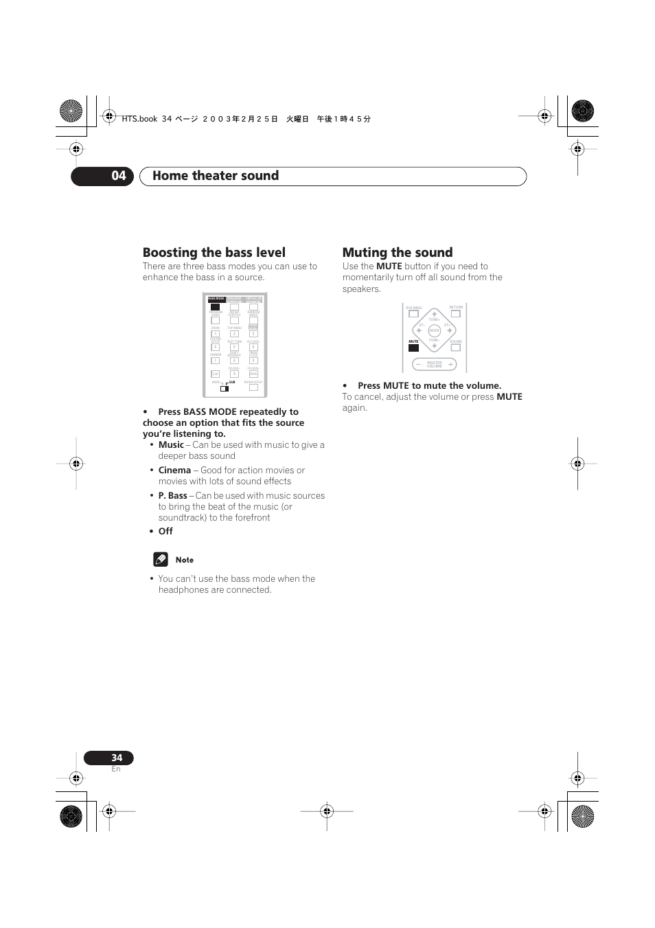 Boosting the bass level, Muting the sound, Home theater sound 04 | Music, Can be used with music to give a deeper bass sound, Cinema, P. bass, Use the, Mute, Press mute to mute the volume | Pioneer S-DV313 User Manual | Page 34 / 92