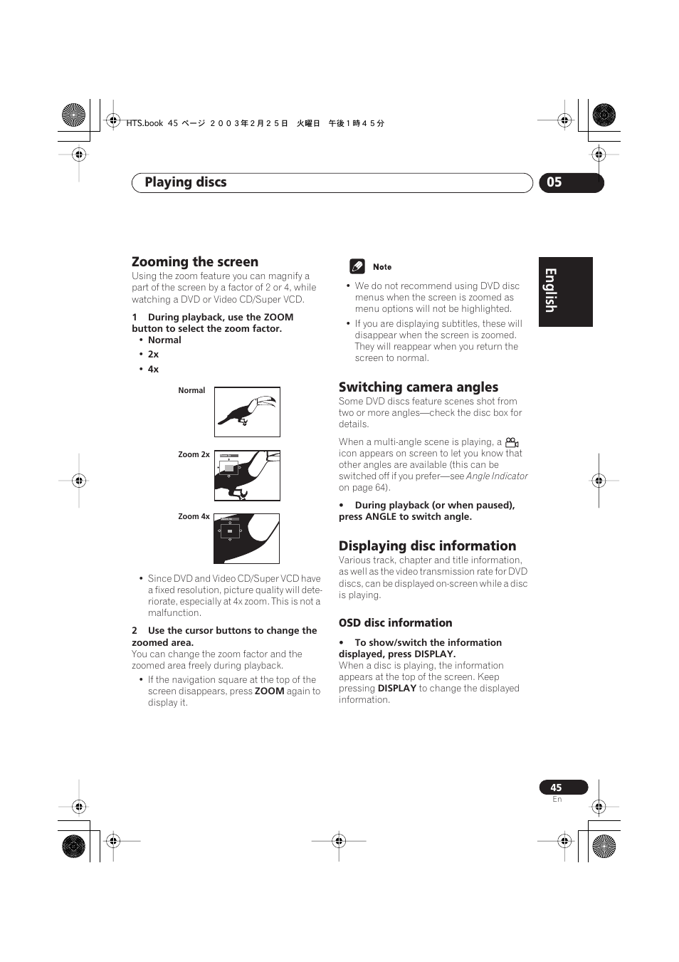 Zooming the screen, Switching camera angles, Displaying disc information | Osd disc information, English italiano français, Nederlands, Español deutsch, Playing discs 05 | Pioneer S-DV313 User Manual | Page 45 / 92