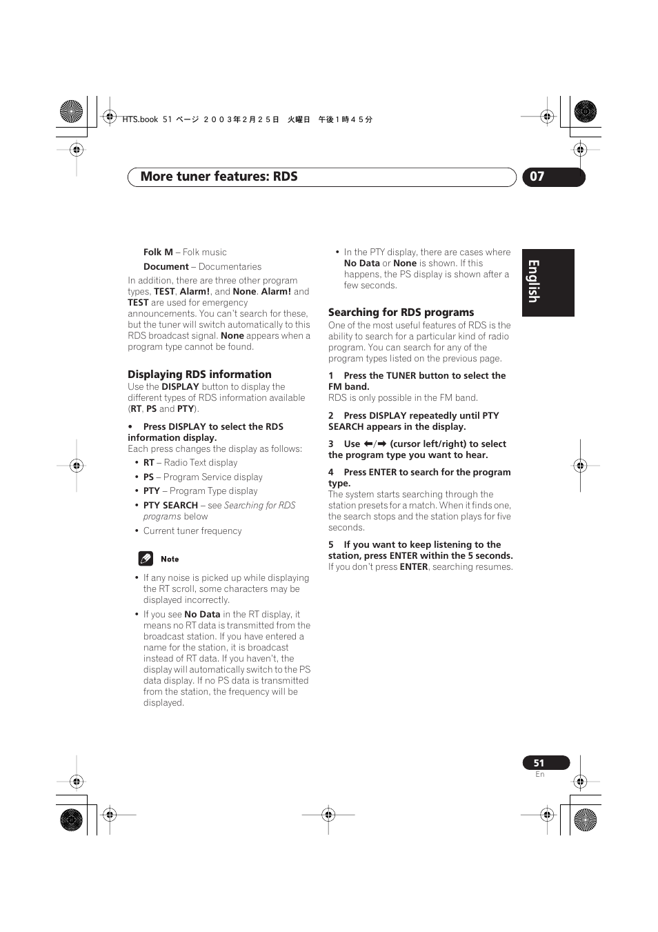 Displaying rds information, Searching for rds programs, English italiano français | Nederlands, Español deutsch, More tuner features: rds 07 | Pioneer S-DV313 User Manual | Page 51 / 92