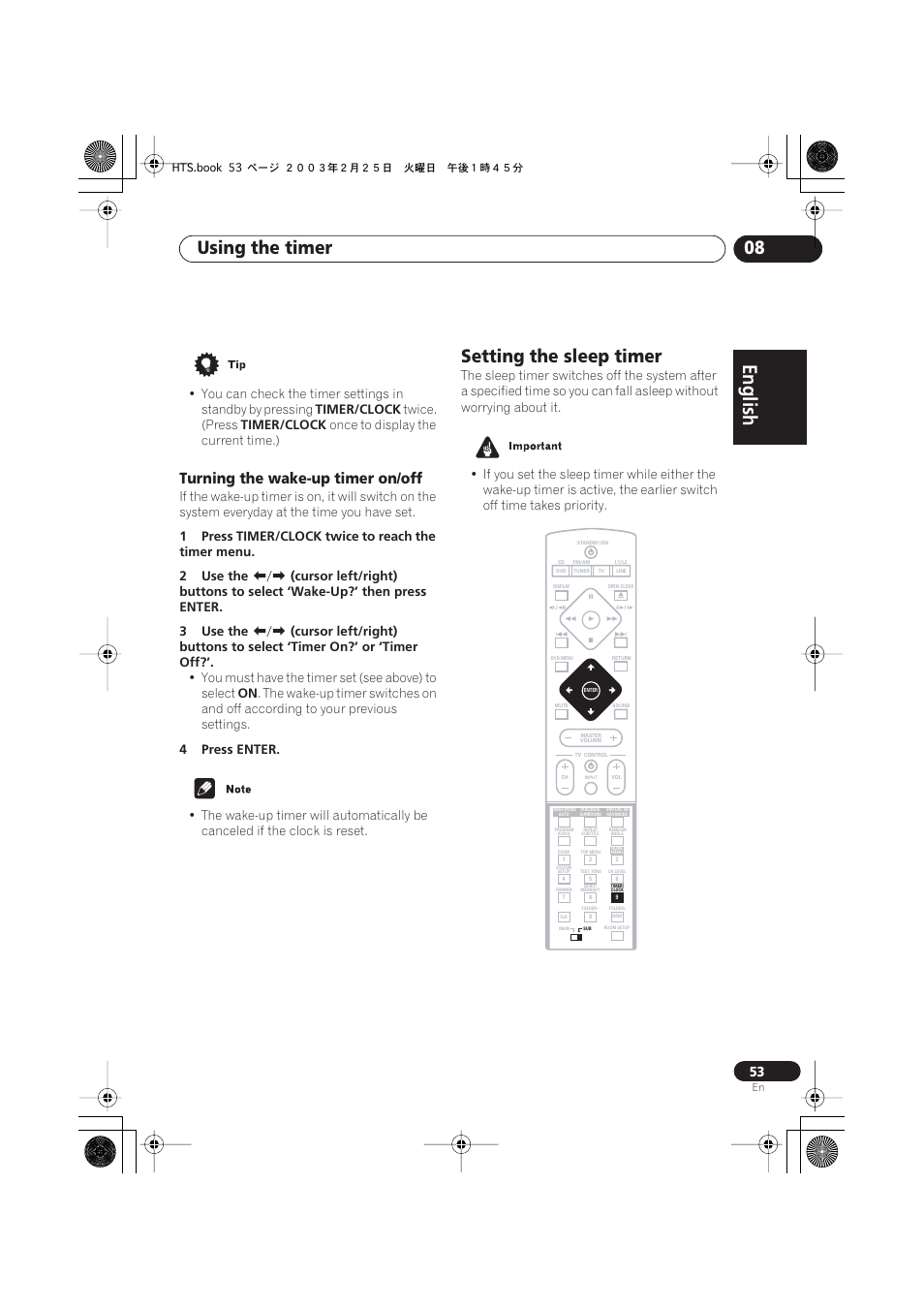 Turning the wake-up timer on/off, Setting the sleep timer, English italiano français | Nederlands, Español deutsch, Using the timer 08, Timer/clock, Twice. (press, Once to display the current time.), You must have the timer set (see above) to select | Pioneer S-DV313 User Manual | Page 53 / 92
