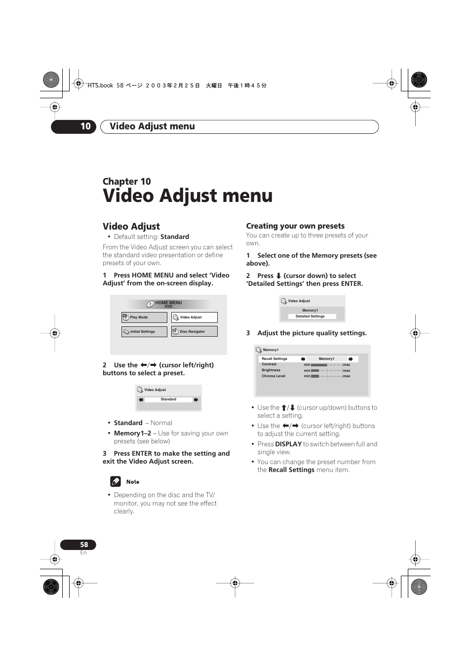 Video adjust, Creating your own presets, Video adjust menu | Video adjust menu 10, Chapter 10 | Pioneer S-DV313 User Manual | Page 58 / 92