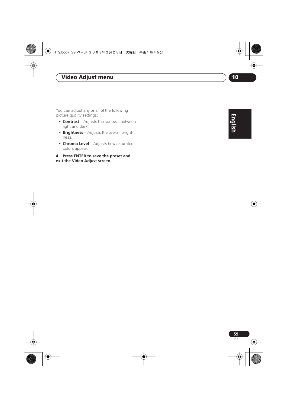 English italiano français, Nederlands, Español deutsch | Video adjust menu 10 | Pioneer S-DV313 User Manual | Page 59 / 92