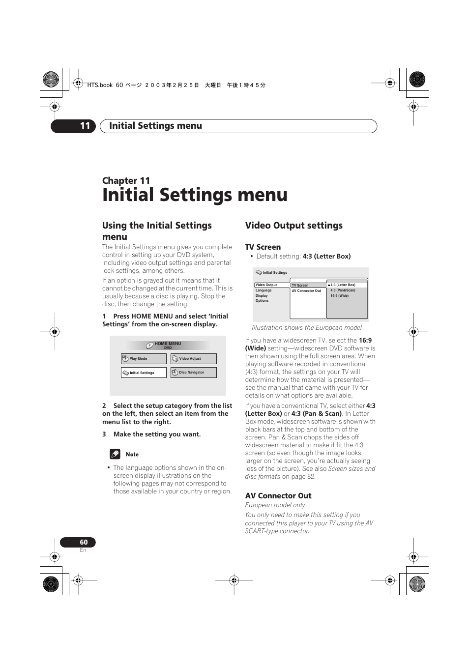 Using the initial settings menu, Video output settings, Tv screen | Av connector out, European model only), Initial settings menu, Initial settings menu 11, Chapter 11 | Pioneer S-DV313 User Manual | Page 60 / 92