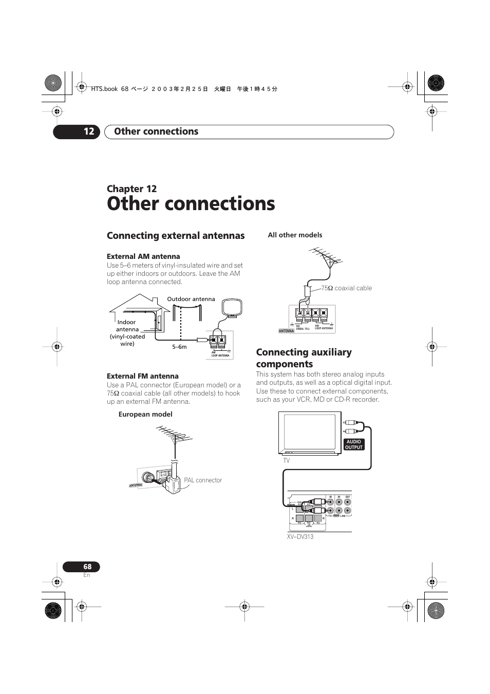 Connecting external antennas, Connecting auxiliary components, Other connections | Other connections 12, Chapter 12, External am antenna, External fm antenna | Pioneer S-DV313 User Manual | Page 68 / 92