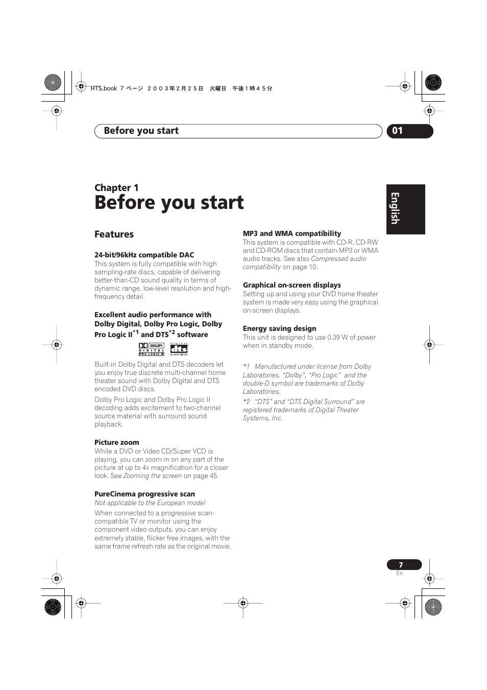 Features, Before you start, English italiano français | Nederlands, Español deutsch, Before you start 01, Chapter 1 | Pioneer S-DV313 User Manual | Page 7 / 92