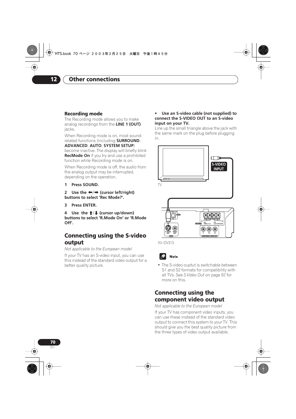 Recording mode, Connecting using the s-video output, Not applicable to the european model) | Connecting using the component video output, Not applicable to the, European model), Other connections 12 | Pioneer S-DV313 User Manual | Page 70 / 92