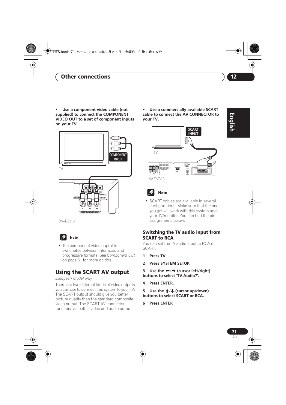 Using the scart av output, European model only), Switching the tv audio input from scart to rca | English italiano français, Nederlands, Español deutsch, Other connections 12 | Pioneer S-DV313 User Manual | Page 71 / 92