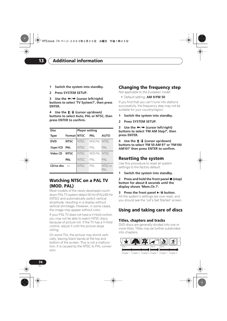 Watching ntsc on a pal tv (mod. pal), Resetting the system, Using and taking care of discs | Titles, chapters and tracks, Additional information 13, Changing the frequency step | Pioneer S-DV313 User Manual | Page 74 / 92
