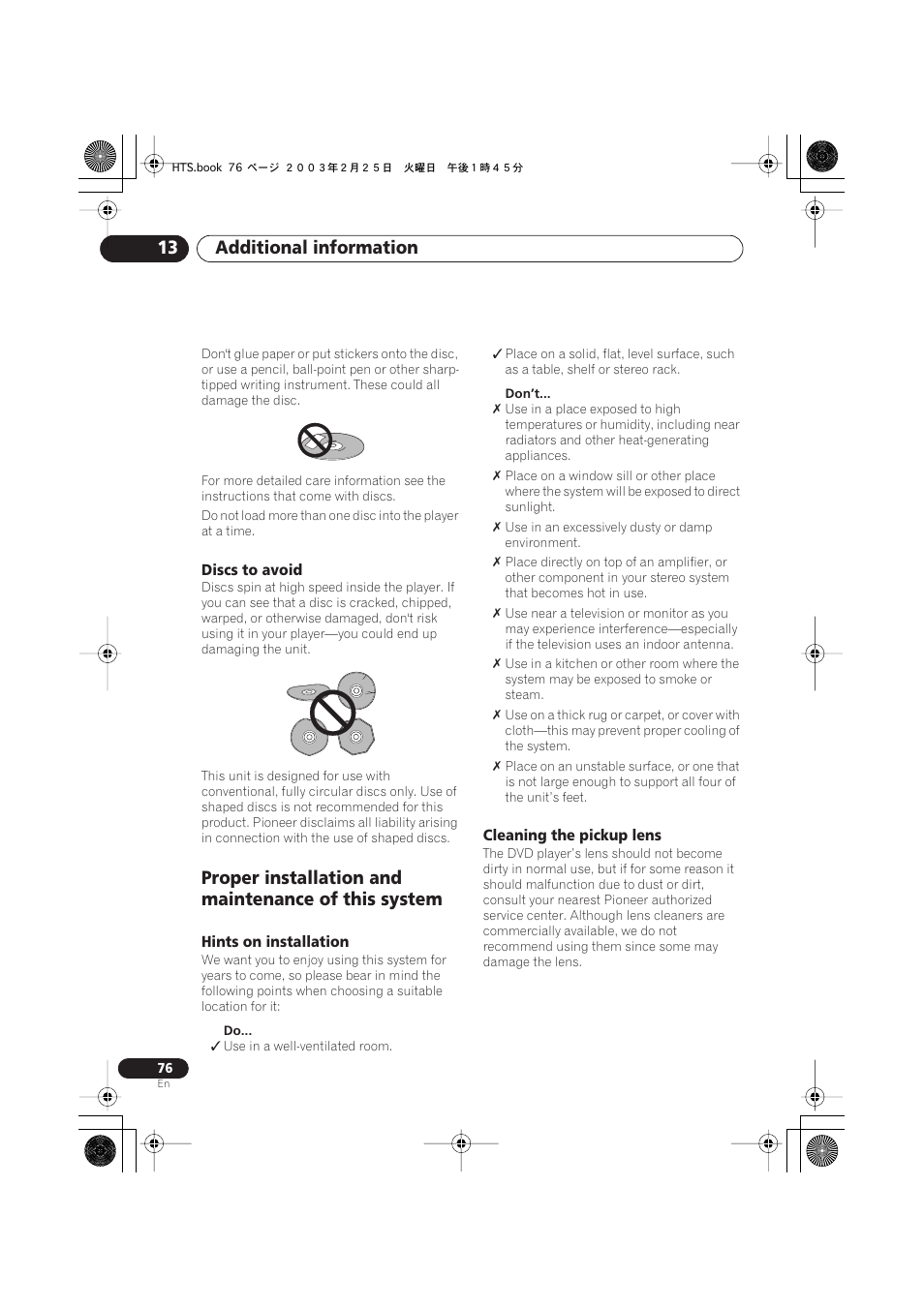 Discs to avoid, Proper installation and maintenance of this system, Hints on installation | Cleaning the pickup lens, Additional information 13 | Pioneer S-DV313 User Manual | Page 76 / 92