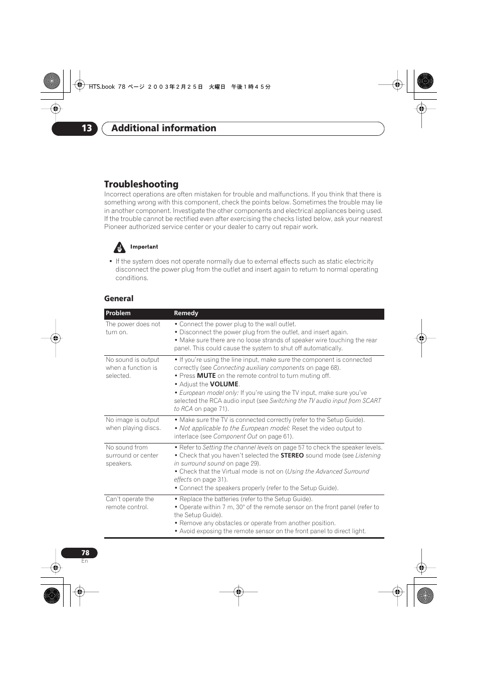Troubleshooting, General, Additional information 13 | Pioneer S-DV313 User Manual | Page 78 / 92