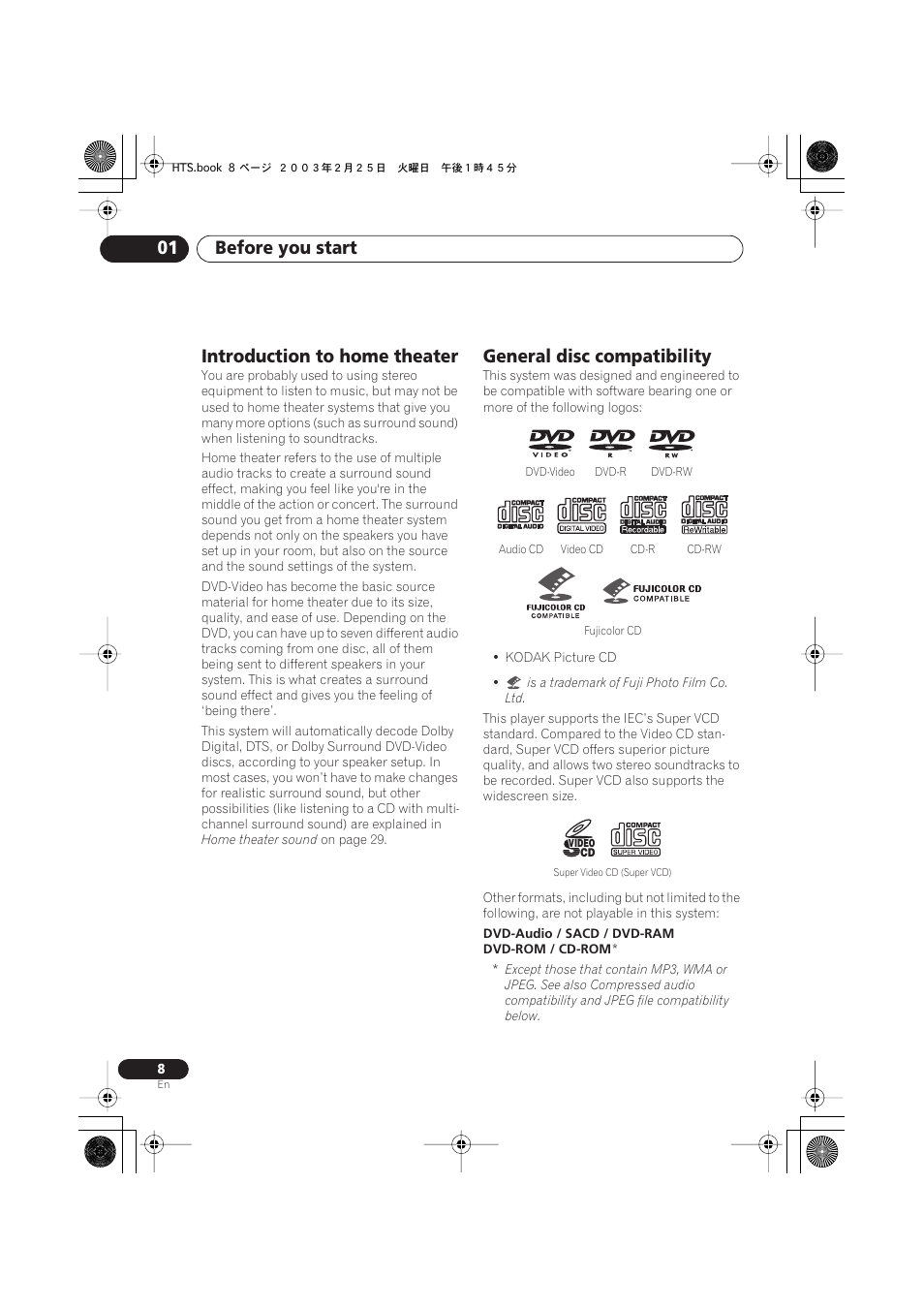 Introduction to home theater, General disc compatibility, Before you start 01 | Pioneer S-DV313 User Manual | Page 8 / 92