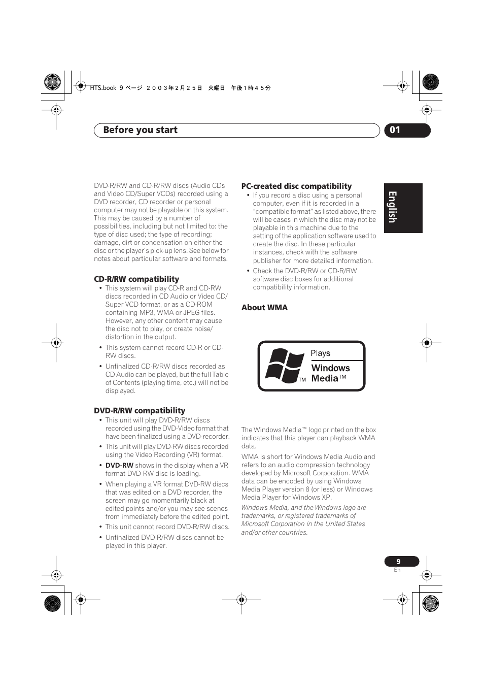 Cd-r/rw compatibility, Dvd-r/rw compatibility, Pc-created disc compatibility | About wma, English italiano français, Nederlands, Español deutsch, Before you start 01 | Pioneer S-DV313 User Manual | Page 9 / 92