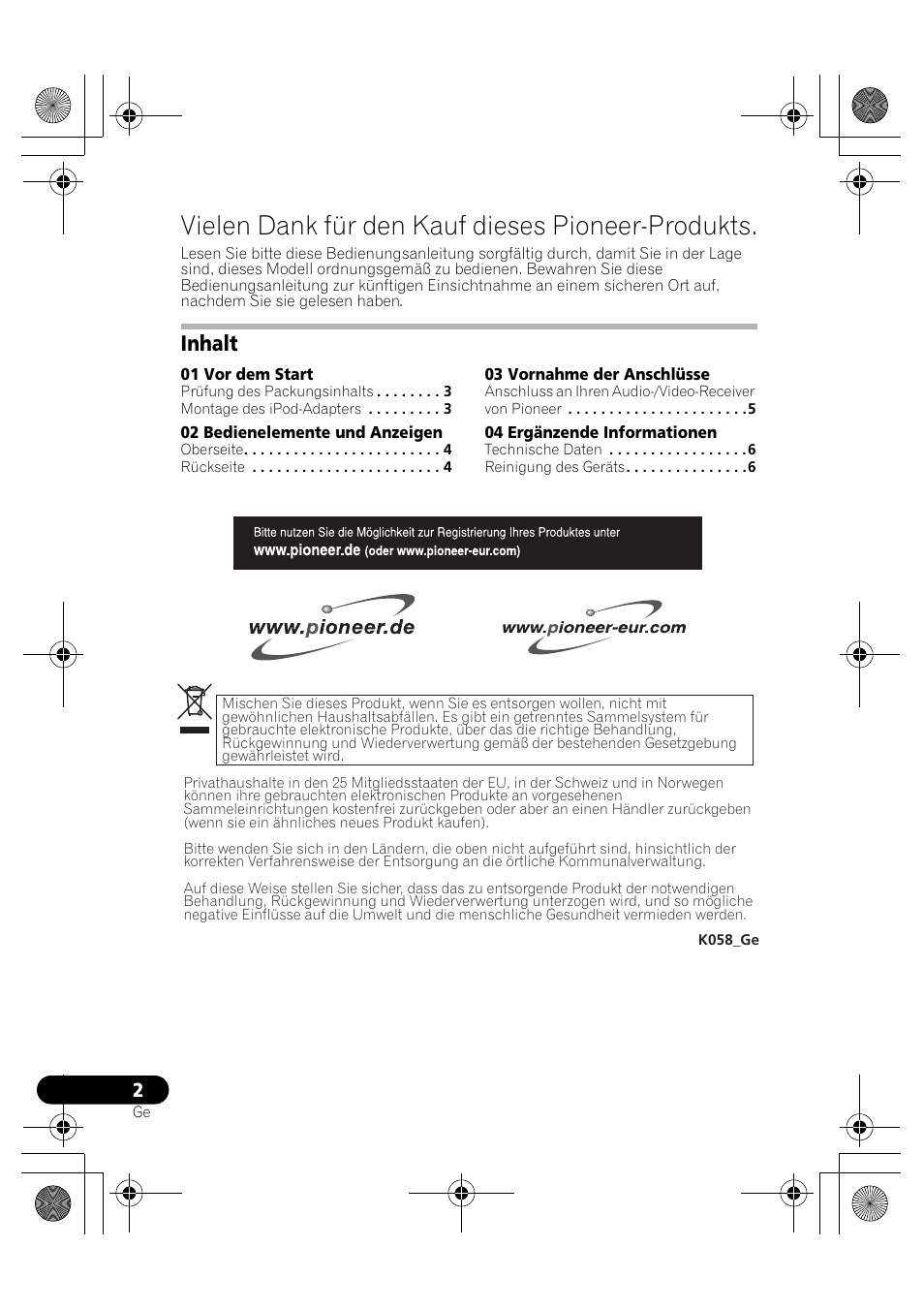 Vielen dank für den kauf dieses pioneer-produkts, Inhalt | Pioneer IDK-80 User Manual | Page 14 / 45