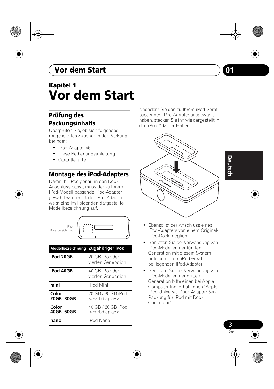 01 vor dem start, Prüfung des packungsinhalts, Montage des ipod-adapters | Vor dem start, Kapitel 1 | Pioneer IDK-80 User Manual | Page 15 / 45