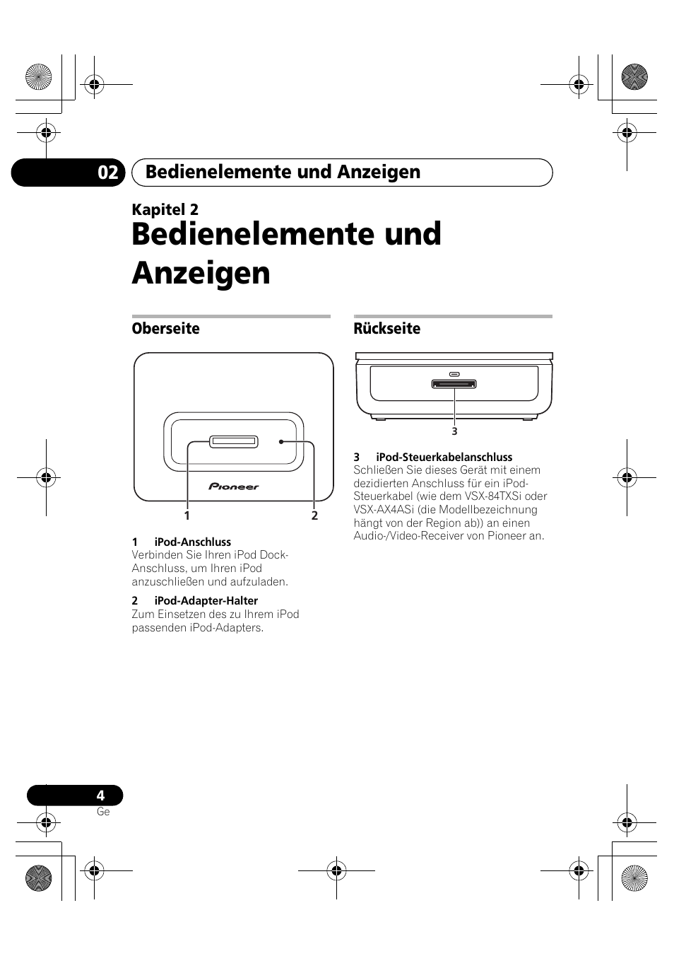 02 bedienelemente und anzeigen, Oberseite, Rückseite | Bedienelemente und anzeigen | Pioneer IDK-80 User Manual | Page 16 / 45