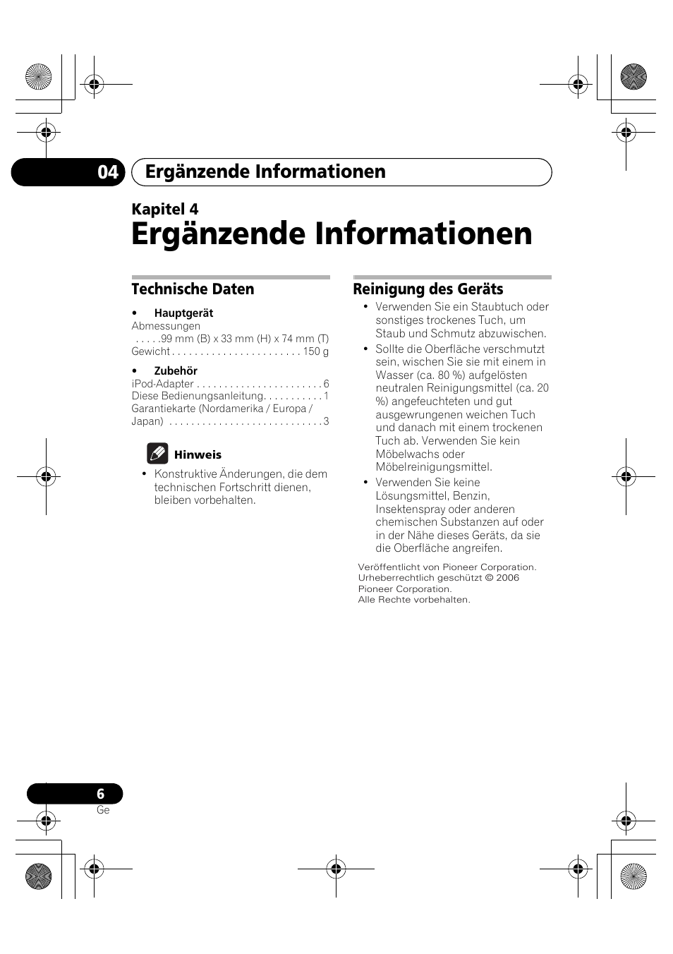 04 ergänzende informationen, Technische daten, Reinigung des geräts | Ergänzende informationen, Kapitel 4 | Pioneer IDK-80 User Manual | Page 18 / 45