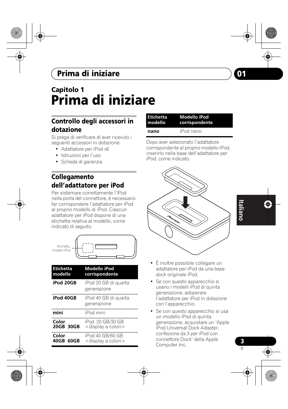 01 prima di iniziare, Controllo degli accessori in dotazione, Collegamento dell’adattatore per ipod | Prima di iniziare, Capitolo 1 | Pioneer IDK-80 User Manual | Page 21 / 45